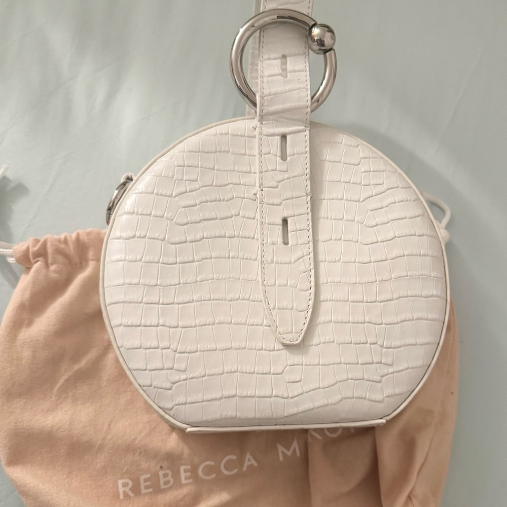 Rebecca Minkoff White Mini Bag with Crocodile Texture and Circular Handle